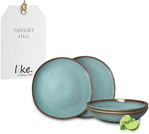 like. by Villeroy & Boch – Lave Set De Vaisselle 4 Pièces Pour 2 Personnes Bleu, Garanti Lave-Vaisselle, Compatible Micro-Ondes, Poterie Turquoise, Service De Table Poterie, Ensemble Assiette, Faïence
