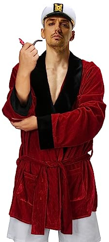 NUWIND Hommes Rouge Peignoir de Bain en Velours Veste Robe de Chambre Smoking Jacket Chapeau de Capitaine et Pipe Jouet Ceinture Accessoires pour Costumes Halloween Adultes (Rouge, Taille unique)