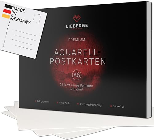 LIEBERGE Premium Aquarellpapier A6 300g – made in Germany – 25 Blatt Aquarellblock | Aquarell Postkarten | Watercolor Paper (DIN-A6 25 Blatt)