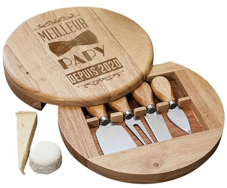 CADEAUX.COM - Set à fromage personnalisé en bois - Meilleur Grand-Père - Coffret Apéro - Idée Cadeau Homme - Fête des Grands-Pères - Cadeau Papy - Couteux à Fromages