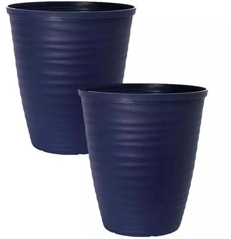 Fyne-Finds Set of 2 Dark Blue Plastic Dune Rim Plant Pot 27cm, 11inch Tall 14L Garden Outdoor Patio Decor Planter with Drainage Holes