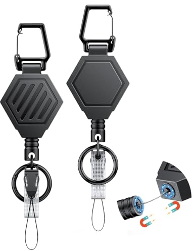 Uniclife Lot de 2 Porte-Clés Rétractable Haute Résistance avec Fermeture Magnétique Dérouleur Tactique Porte-Badge Clip Mousqueton Magnétique 0.45 kg Bobine Ressort Acier Inoxydable 79 cm Anneau Clés