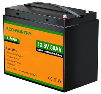 ECO-WORTHY LiFePO4 12 V 50 Ah med 50 A BMS och max 15 000 cykler, 640 kWh litiumbatteri 12 V 50 Ah för trollingmotor, båt, husbil, solpanel