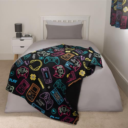 OHS Gaming Fleece Blanket Throw, Ultra Soft Winter Warm Kids Fleece Blanket Throws for Sofa Beds for Boys Girls Throw Sherpa Reverse Blankets - Black, 120 x 100cm