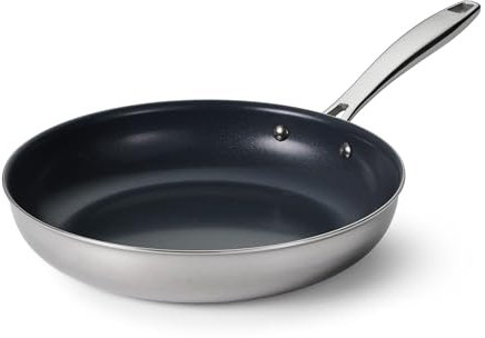 Tramontina Seattle 10-Inch Tri-Ply Clad Stainless Steel Frying Pan with Ceramic Non Stick Interior, PTFE/PFOA-Free Nonstick Skillet, Oven-Safe, Dishwasher-Safe, Induction-Ready, Made in Brazil