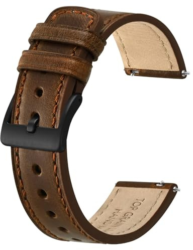BISONSTRAP Leder Armband, Klassisches Ölgewachstes Leder, Uhrenarmband für Herren und Damen, Schnellverschluss, 22mm, Dunkelbraun (Schwarze Schnalle)