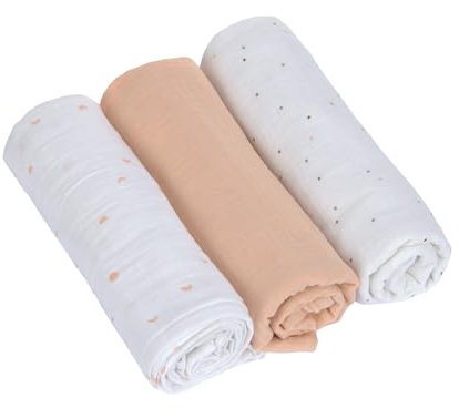 LÄSSIG Coperta Puck per neonati Panno di garza Set di 3 pezzi in cotone 85 x 85 cm/Swaddle & Burp Blanket L GOTS Moon peach