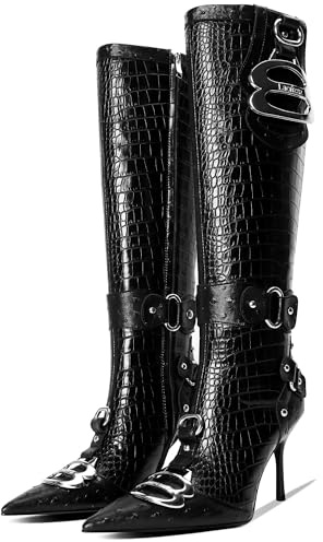 LACIKOSZ Black Knee High Crocodile Boots for Women Pointed Toe Slim Calf Sexy Stiletto High Heel Long Tall Boots with Slide Zipper Buckle Rivets