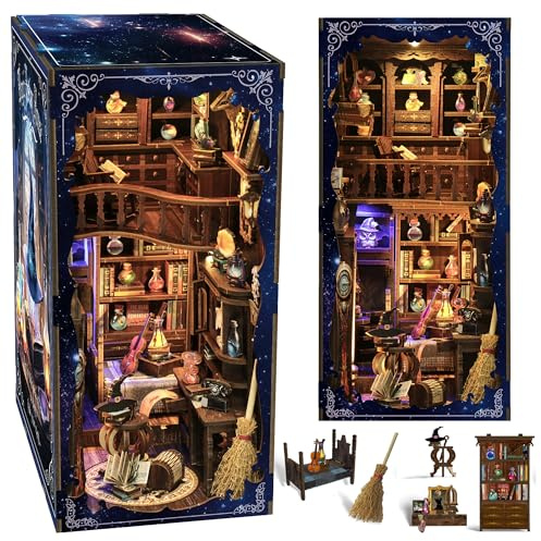 DIY Book Nook Kit for Adults, 3D Wooden Puzzle Bookshelf Insert Decor with LED Light & Stickers, Dust Cover,Miniature House Craft Gifts for Family,Friends and Book Lovers（Magic Potion House）