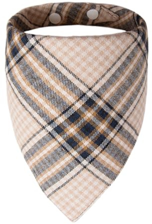 ICEMOOD Bandana Chien Plaid Classique, Foulard Chiot avec Bouton Pression Réglable, Tissu Doux Respirant, Lavable, pour 3-15KG, Beige, Taille Moyenne