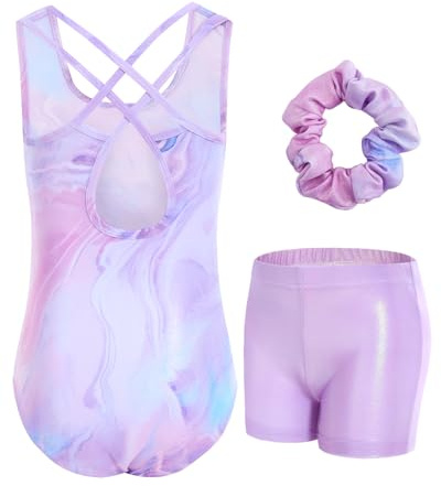 JiAmy Justaucorps Gymnastique fille, Combinaison de Gymnastique à Uniformes de gymnastique sans manches avec dos découpé Dos échancré avec Short et Serre-tête pour Enfants de 3-12 Ans | Justaucorps doux extensible à paillettes + short + chouchou ; découpe croisée dans le dos ; gymnastique, danse