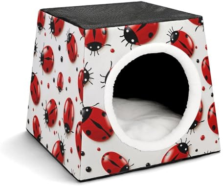 FODPAND Red Ladybug Cat Bed Cave for Small Dog Cat House 3-in-1 Foldable Cats Beds with Removable Washable Cushioned Pillow Covered Cave Pet Tents with Non-Slip Bottom