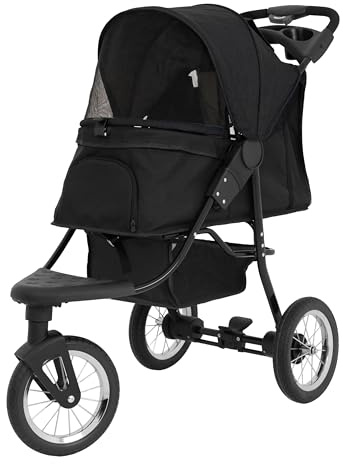 Foldable Pet Jogger Black Travel Stroller Small Medium Dog Cat Pushchair 22kg Capacity Pram Buggy Carrier 3 Tubeless Wheels Brakes Leashes Canopy Mesh Windows Basket Cup Holders Caddy Bag Rain Cover