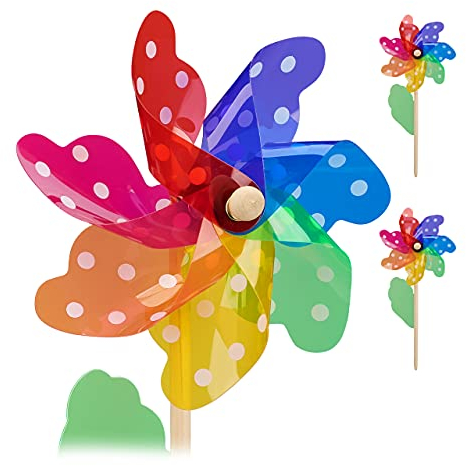 Relaxdays Windrad 2er Set, mit Pünktchennmuster und Dekoblatt, Windmühle für Garten, Balkon & Terrasse, Holz/PP, bunt