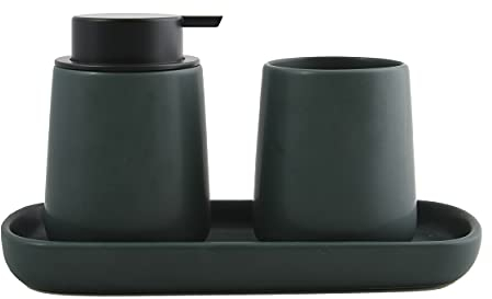 MSV Badezimmer Set, 3-teiliges Badzubehör aus Keramik Maonie Seifenspender, Badablage für Schmuck und Zahnputzbecher Dunkelgrün