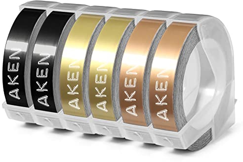 6x Aken Kompatibel mit Dymo Etikettenband Prägeband 9mm für Dymo Omega Prägegerät E-303 E-101, Ersatz für Vinyl-Prägeetiketten Schwarz/Gold/Champagner Gold