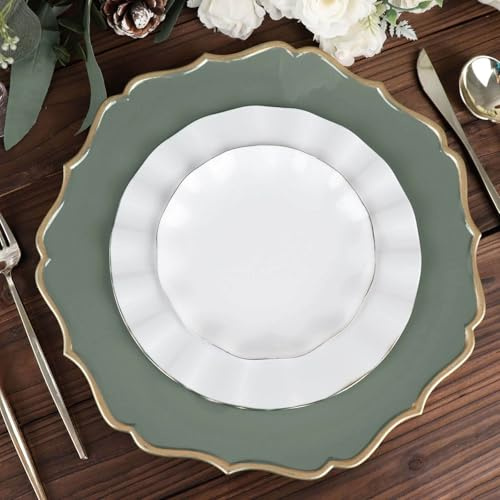Efavormart 6 Pack | Round 13 Olive Green Gold Scallop Rim Plastic Charger Plates