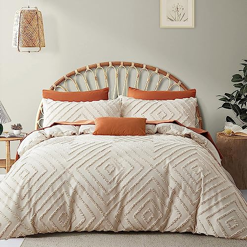 Nyescasa Bettwäsche 135x200 2 Teilig Beige Getuftet Bettwäsche-Set Stickerei Handwerk Geometrisch Bettbezug Weiche Mikrofaser Bettbezug mit Reißverschluss und Kissenbezug 80x80cm für Frauen Mädchen