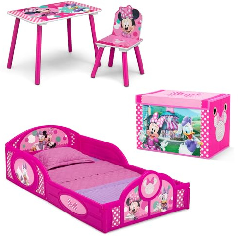 Delta Children Disney Minnie Mouse 4-Piece Toddler Room-in-a-Box Set – Includes Sleep and Play Toddler Bed, Table, 1 Chair and Toy Box, Pink