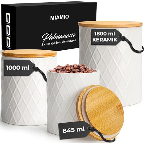 MIAMIO - Set von 3 Vorratsdosen Set Keramik mit luftdichtem Deckel aus Holz, Keramikdose, Aufbewahrungsdose - Palmanova Kollektion (Weiß)
