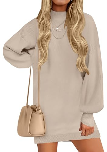 ZESICA Women's 2025 Fall Turtleneck Sweater Dress Oversized Long Lantern Sleeve Casual Knit Pullover Mini Dresses Almond Medium