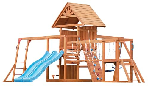 Dolphin Playground Swing Sets for Backyard with Plank Bridge, Wooden Playground Sets for Backyards with 2 Wave Slides, Monkey bar, Outdoor Table, Saucer Swing, Large Climbing Wall, Outdoor Playset