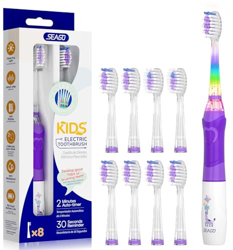 Seago Spazzolino Elettrico Bambini 3-12 Anni Spazzolino Bambini Spazzolini Elettrici Con 4 Testine Spazzolino Elettrico Luce LED Colorata e Osservante 4 Modalità Timer Intelligente SG-977, Viola