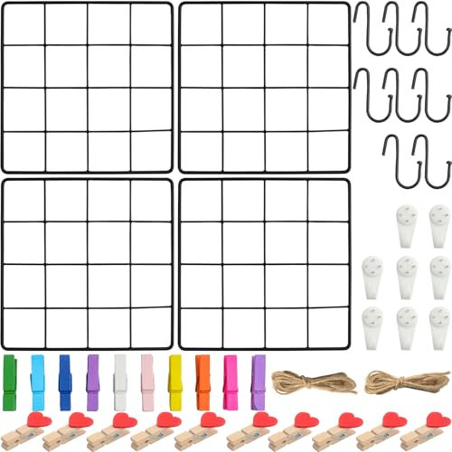 Roellgs 4 rejillas de pared de 20 x 20 cm (con accesorios), tablero de fotos, tablero de notas y pared de fotos, rejilla metálica decorativa para oficina, cocina, habitación y mucho más (negro)