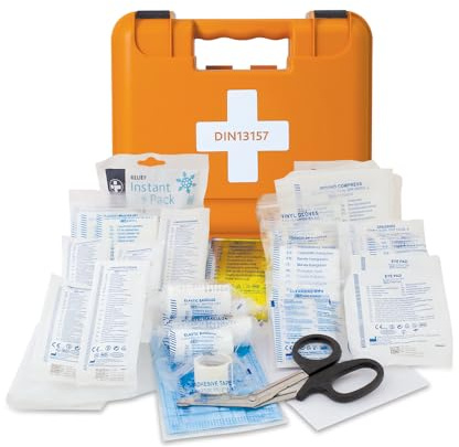 Reliance Medical Erste-Hilfe-Set für Arbeitsplätze – DIN 15137 Kit, Behandelt Schnitte und Verletzungen, Wandhalterung, Kasten mit 38 Stück, Für Bis zu 50 Personen