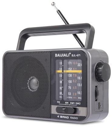 Portable Battery Radio - Retro AM/FM/SW Transistor Radio with 5W Speaker | USB-C & Battery Powered for Emergency, Camping & Home | Rechargeable | Easy to Use - BJL-671 (Grey)