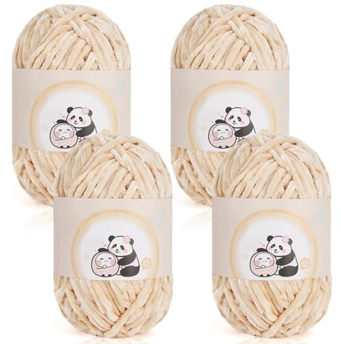 Aeelike Chenille Yarn 400g, 4 Pack Plush Chenille Chunky Yarn for Crochet (100g per Ball, 87yd), Soft Fluffy Velvet Thick Wool for Knitting Baby Blankets, Scarves, Socks and DIY Crafts, Camel