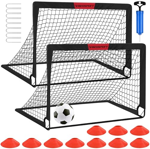 Kids Football Goals for Garden Set – 2 x 4ft x 3ft Portable Football Goals with Size 3 Ball, Pump, Cones & Carry Bag, Pop-Up Kids Football Net, Outdoor Garden Football Training Equipment Boys Gifts