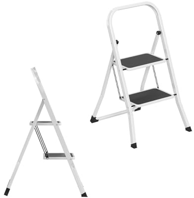 Froadp Scaletta pieghevole a 2 gradini, con pedali larghi, struttura in acciaio, piedini antiscivolo, portata fino a 150 kg, scala pieghevole per casa, magazzino, garage, salvaspazio, colore: bianco e