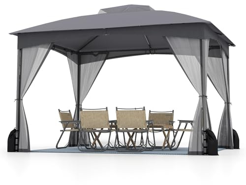COSTWAY Pavillon 3 x 3,6 m, Gartenpavillon mit 4 Sandsäcken & 4 Moskitonetz & Doppeldach, Wasserdicht & Stabil & Winterfest, Gartenzelt inkl. Haken, Partyzelt für Terrasse Garten (Grau)