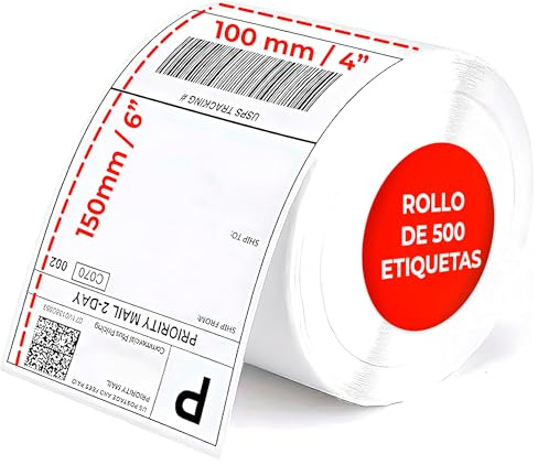 Rollo de Etiquetas Térmicas Adhesivas 100×150 mm (4×6″) - 500 uds - Compatible con Zebra, MUNBYN y más - Impresión Térmica y Legible