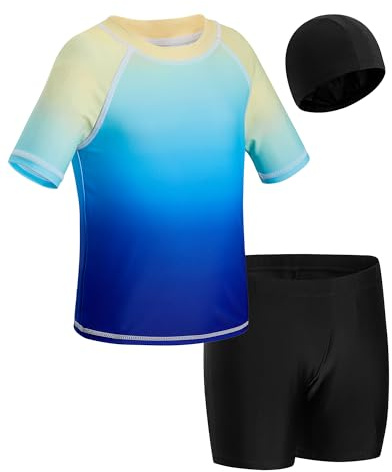 KAKU NANU Pack de Baño para Niños de 3 Piezas–Camiseta de Manga Corta Rashguard con Bañador y Gorro de Piscina–Protección Solar Secado Rápido 5-13 Años
