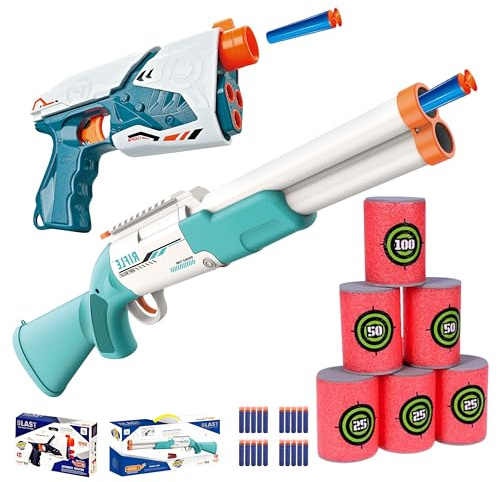 FunBlasters – Pistolet Jouet Enfant & Fusil à Pompe à Fléchettes en Mousse – Set Blaster Manuel avec Cibles, Balles Mousse, Recharge Fléchettes, Jeu Extérieur Enfant, Sniper Viseur (Chasseur)