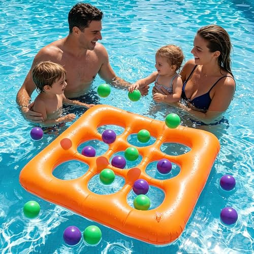 Hainue Tic-TAC-Toe - Set gonfiabile per piscina con 10 palline gonfiabili, giocattolo gonfiabile in rete per piscina con pompa manuale, giocattolo acquatico per bambini e adulti