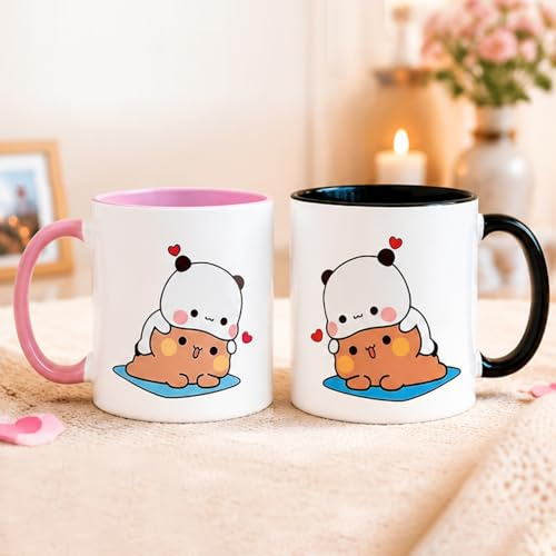 RNPKZ Bubu Dudu - 2 tazze in ceramica, 330 ml, motivo orso e panda, divertenti, per tè, caffè, cioccolata calda, coppie d'amore, divertenti, per coppie, amici, ragazze, famiglia