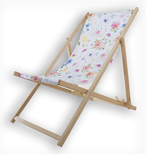 MultiBrands® Liegestuhl, Holz, ohne Armlehne, klappbar, Blumen Weiss