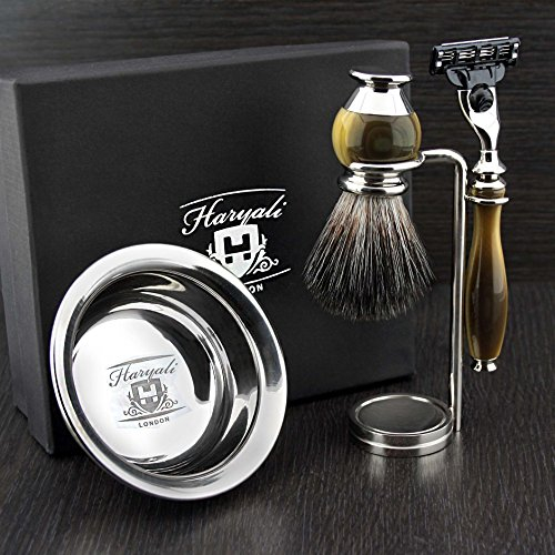 Haryali Lozndon 3 Edge Razor with Replica Horn Handle, Black Badger Hair Brush, Stand and Bowl Perfect Shaving Set for Mens