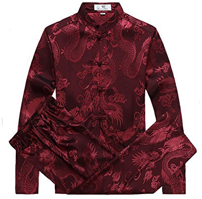 G-LIKE Costume chinois Tang Costume Kung Fu Chemise Costume traditionnel chinois Tangzhuang Kung Fu Veste à manches longues Costume Chemise Uniforme avec motif dragon, Rouge, XXL