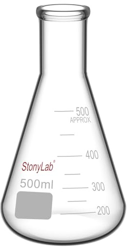 stonylab 1-Pack Glass 500ml Heavy Wall Narrow Mouth Erlenmeyer Flasks with Heavy Duty Rim (500ml Fits with StonyLab 8# Rubber Stopper)