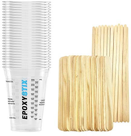 [Pack of 25] EpoxyStix Disposable Measuring Cups for Mixing Epoxy Resin - Measurements in mL and Oz - Bonus Pack with 25 Applicator Sticks and 25 Mixing Sticks