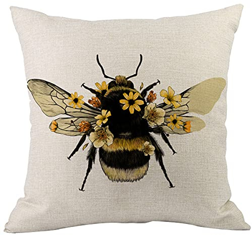 CANSEGO Bee Throw Pillow Cover Animal Insect Bug Bee with Wings Yellow Flower Pillowcases Home Decorative Cotton Linen Pillow Cushion for Sofa Chair 18x18 Inch