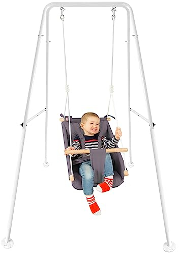 CaTeam Baby Hängematte Schaukel aus Segeltuch mit Ständer, hängender Schaukelsitz aus Holz mit Sicherheitsgurt, langlebiger Baby Hängemattenstuhl, Außen und Innenschaukel für Kinder, Dunkelgrau