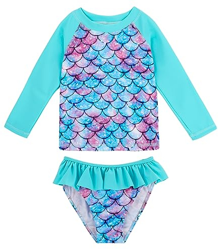 MASOCIO Maillot de Bain Fille 2 Pieces Anti UV UPF 50+ Maillots de Bain Enfant Deux Pièces Tee T Shirt Tshirt Natation Plage 5-6 Ans Multicolore Écailles 1