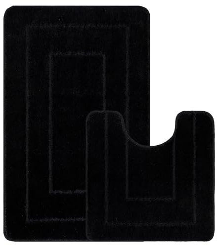 EDS 2 Piece Ichra Bath Mat Set Non Slip Ultra Soft Bathroom Mats Extra Absorbent 100% Polypropylene Toilet Mat Set Washable Toilet Rug Bathroom Accessory (BLACK)