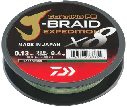 DAIWA J-Braid Expedition X8E, 0.10mm, 6.9kg/15.2lbs, 300m, Dark Green, Braided Fishing Line, 12551-110