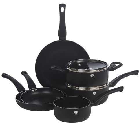 Blaumann 8 Pcs Cookware Set Cooking Pots Pans with Soft Touch Handles Glass Lids (Matt Black)